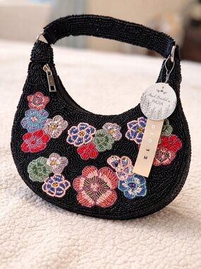 Hand-Beaded Floral Black Shoulder Bag - India. NWT